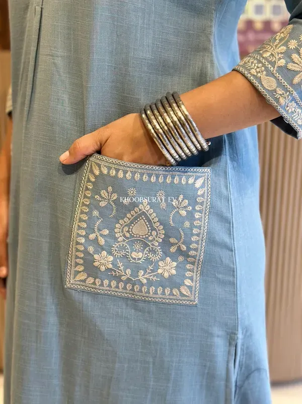 Sky_Blue_Embroidered_Cotton_Kurti_With_Pant_Dupatta_Set_For_Women
