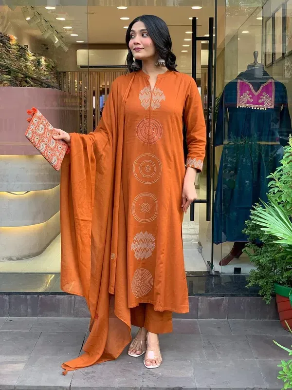 Orange_Rust_Embroidered_Cotton_Kurti_With_Pant_Dupatta_Set_For_Women