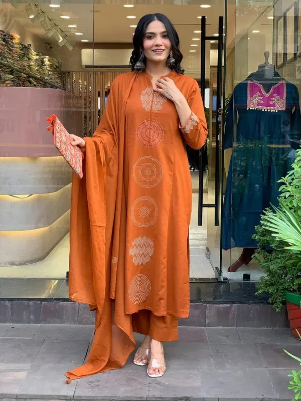 Orange_Rust_Embroidered_Cotton_Kurti_With_Pant_Dupatta_Set_For_Women