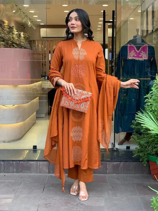 Orange_Rust_Embroidered_Cotton_Kurti_With_Pant_Dupatta_Set_For_Women