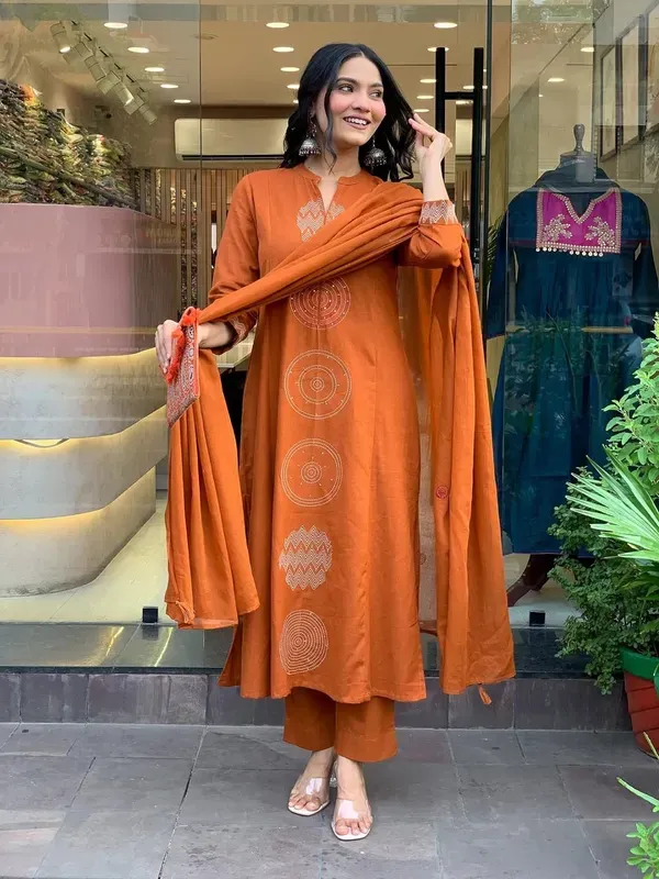 Orange_Rust_Embroidered_Cotton_Kurti_With_Pant_Dupatta_Set_For_Women