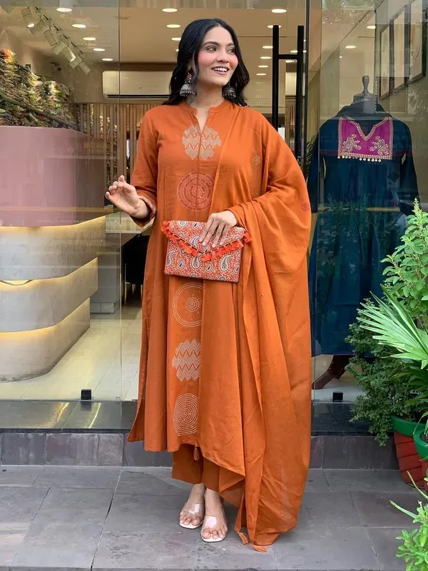 Orange_Rust_Embroidered_Cotton_Kurti_With_Pant_Dupatta_Set_For_Women