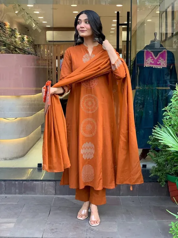 Orange_Rust_Embroidered_Cotton_Kurti_With_Pant_Dupatta_Set_For_Women
