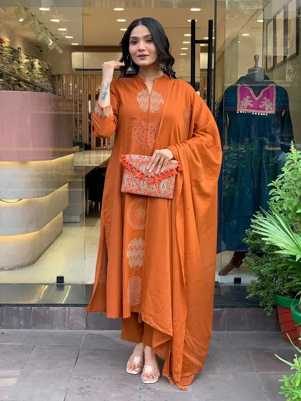Orange_Rust_Embroidered_Cotton_Kurti_With_Pant_Dupatta_Set_For_Women