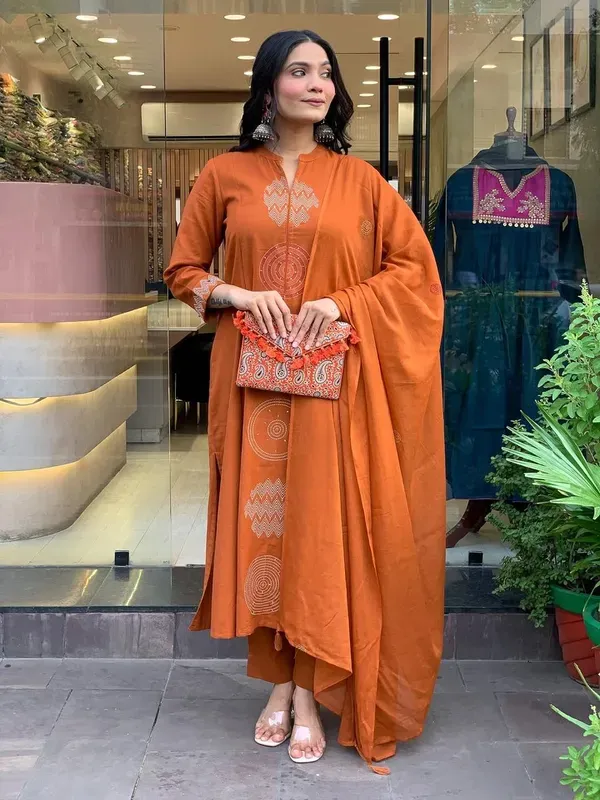 Orange_Rust_Embroidered_Cotton_Kurti_With_Pant_Dupatta_Set_For_Women