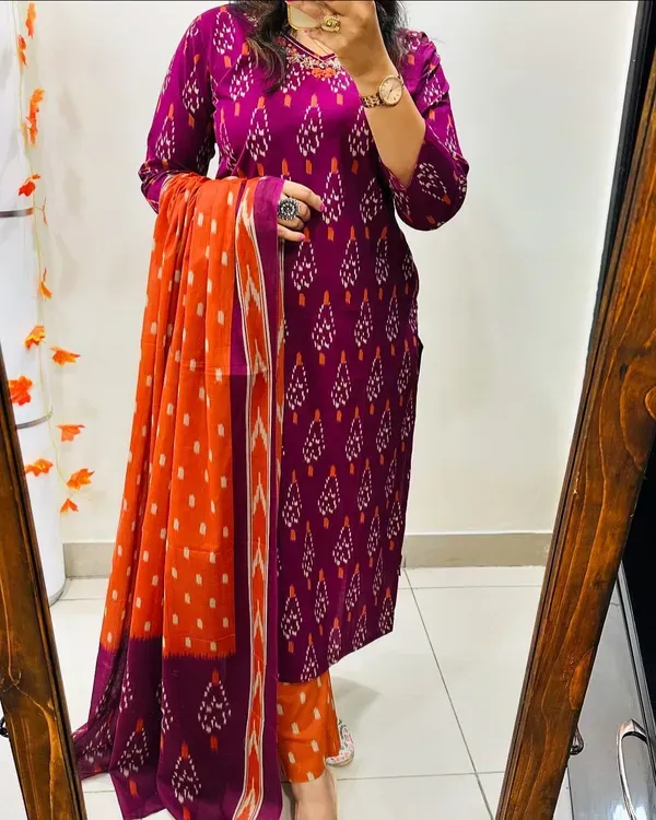 Wine_Cotton_Ikkat_Printed_Kurti_With_Pant_Dupatta_Set_For_Women
