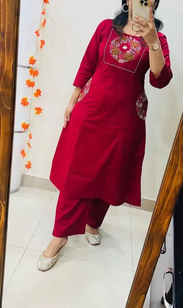 Wine_Red_Embroidered_Kurta_Set_With_Straight_Pants