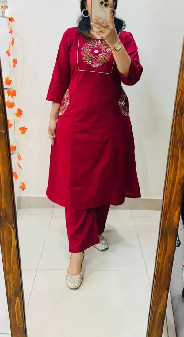 Wine_Red_Embroidered_Kurta_Set_With_Straight_Pants