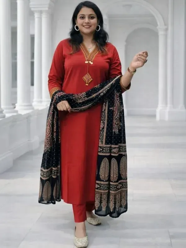 Elegant_Red_Straight_Kurta_Set_With_Black_Ethnic_Dupatta