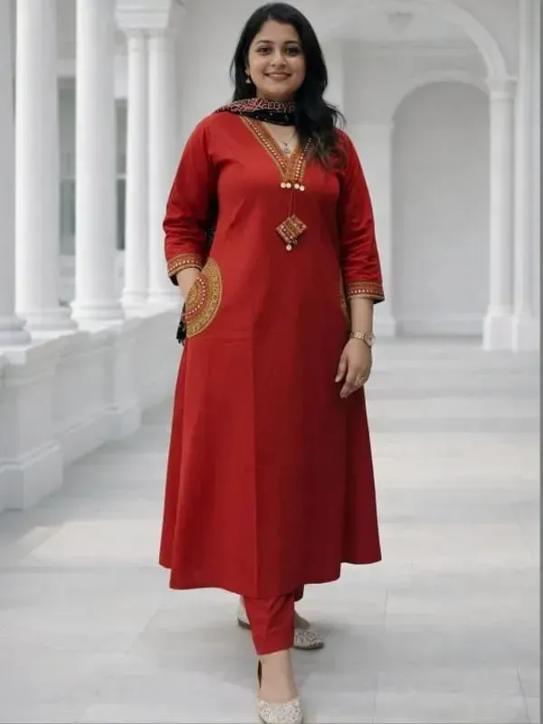Elegant_Red_Straight_Kurta_Set_With_Black_Ethnic_Dupatta