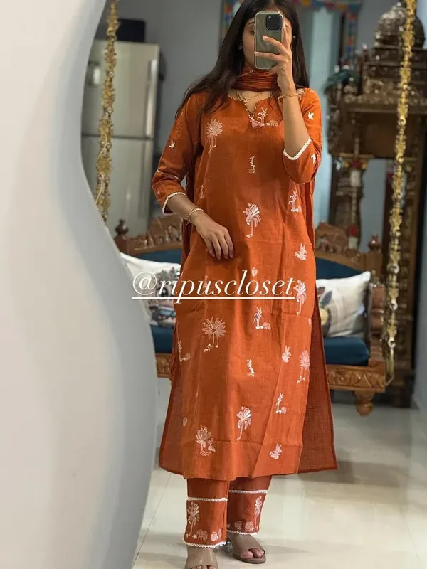 Elegant_Rust_Orange_Hand_Printed_Kurta_Set_With_Dupatta