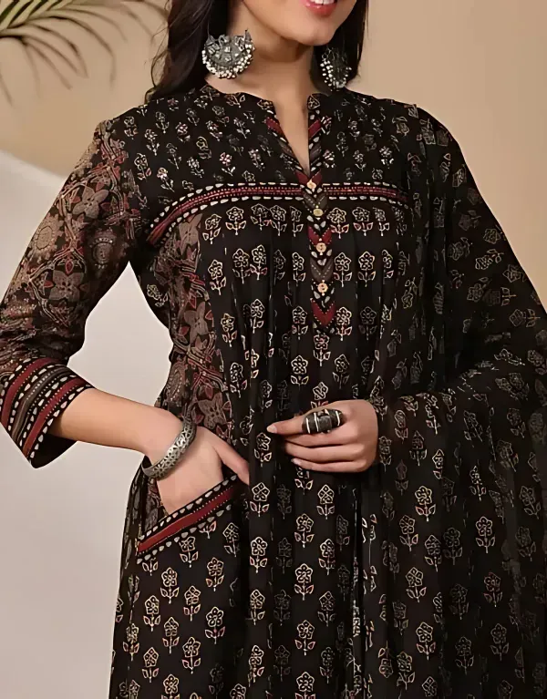 Black_Pure_Cotton_Ajrakh_Ethnic_Kurta_Set_For_Women_Girls