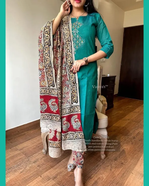 Green_Premium_Chitrkari_South_Cotton_Kurta_Pant_And_Dupatta_Set_For_Women
