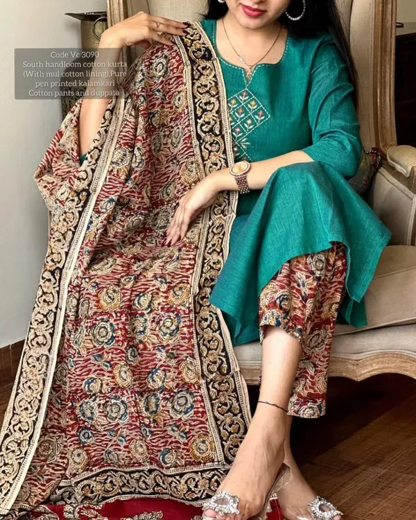 Green_Premium_Chitrkari_South_Cotton_Kurta_Pant_And_Dupatta_Set_For_Women