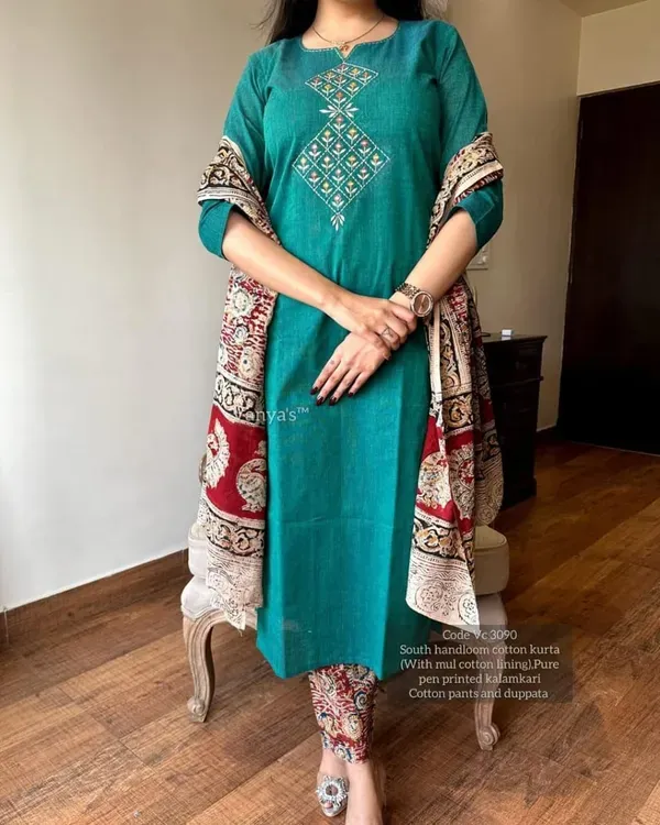 Green_Premium_Chitrkari_South_Cotton_Kurta_Pant_And_Dupatta_Set_For_Women