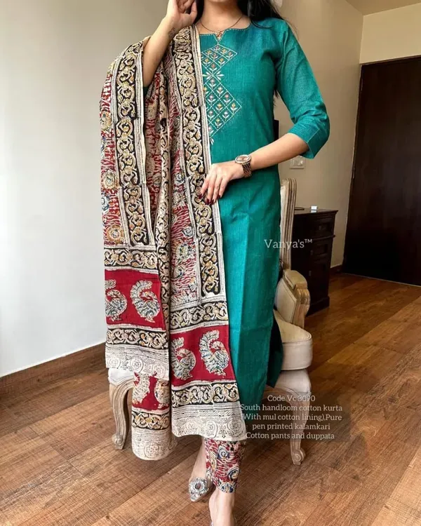 Green_Premium_Chitrkari_South_Cotton_Kurta_Pant_And_Dupatta_Set_For_Women