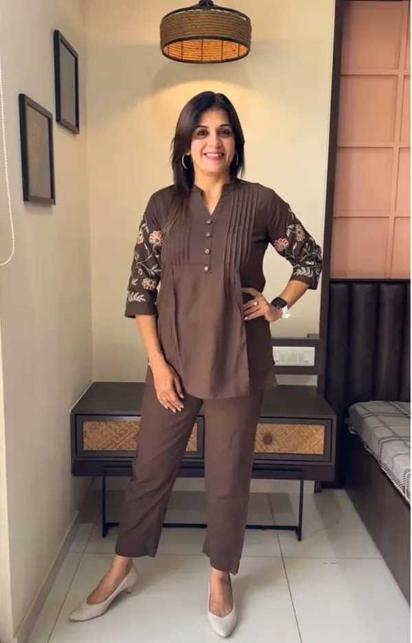 Chocolate_Brown_Embroidered_Co_Ord_Kurta_Set_For_Women
