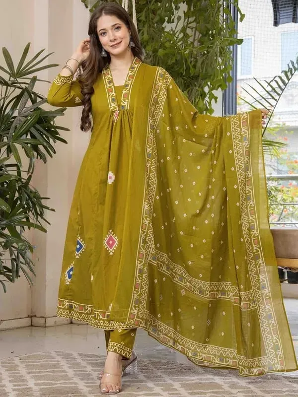 Elegant_Olive_Green_Anarkali_Kurta_Set_With_Printed_Dupatta