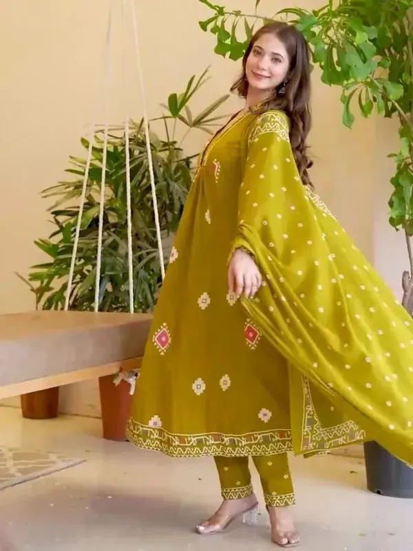Elegant_Olive_Green_Anarkali_Kurta_Set_With_Printed_Dupatta