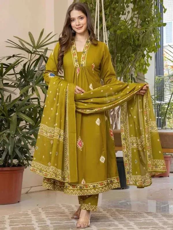 Elegant_Olive_Green_Anarkali_Kurta_Set_With_Printed_Dupatta