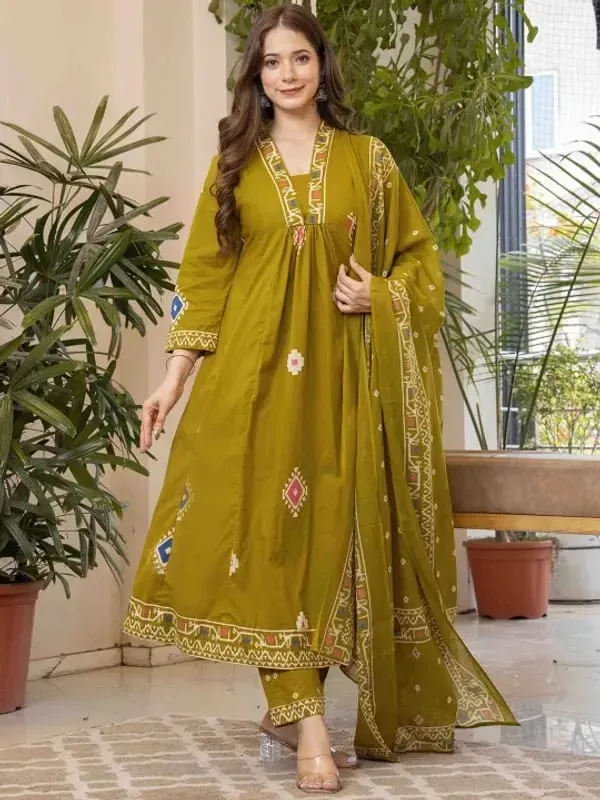 Elegant_Olive_Green_Anarkali_Kurta_Set_With_Printed_Dupatta
