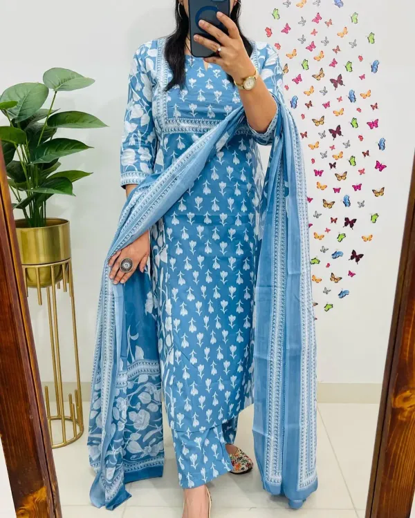 Sky_Blue_Floral_Print_Cotton_Kurti_With_Pant_Dupatta_Set_For_Women