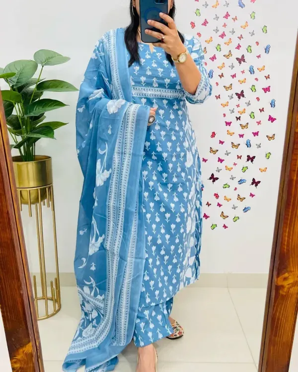 Sky_Blue_Floral_Print_Cotton_Kurti_With_Pant_Dupatta_Set_For_Women