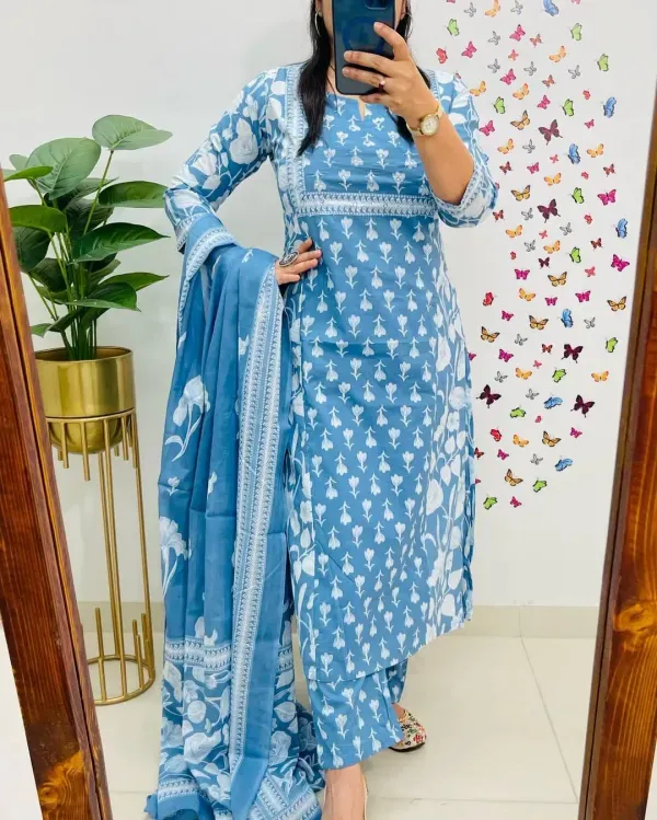 Sky_Blue_Floral_Print_Cotton_Kurti_With_Pant_Dupatta_Set_For_Women