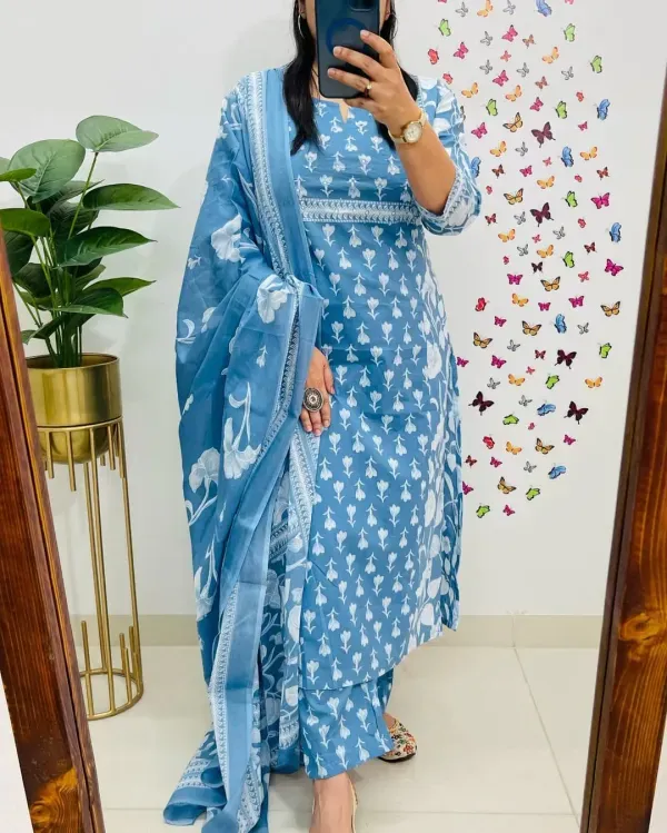 Sky_Blue_Floral_Print_Cotton_Kurti_With_Pant_Dupatta_Set_For_Women