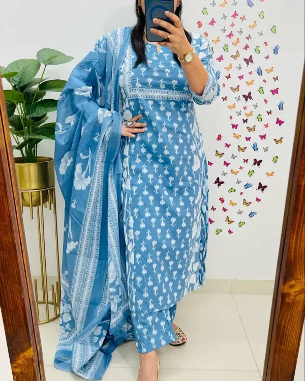 Sky_Blue_Floral_Print_Cotton_Kurti_With_Pant_Dupatta_Set_For_Women