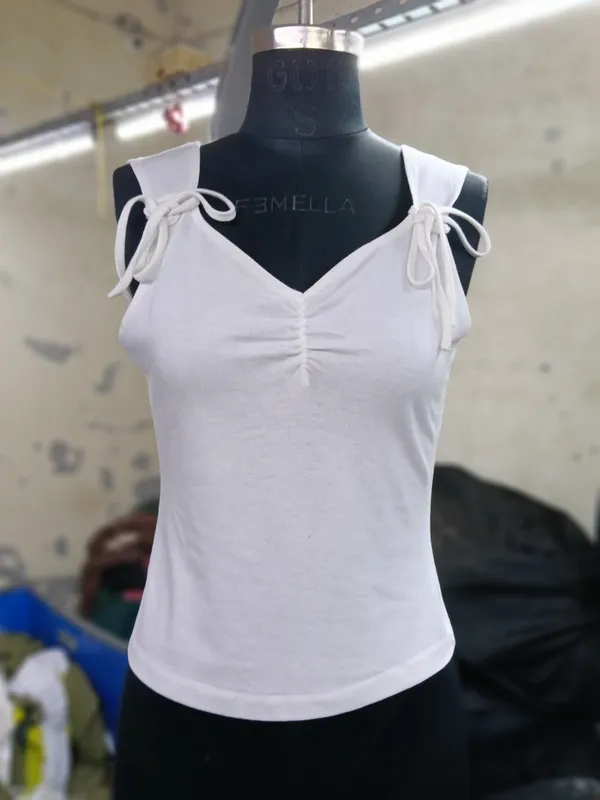 White_Ruched_Tie-Up_Sleeveless_Top_for_Women