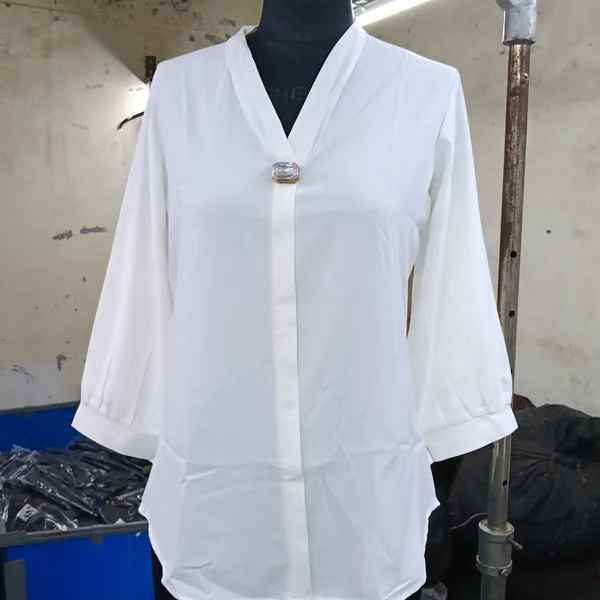 White_V-Neck_Button_Front_Blouse_for_Women