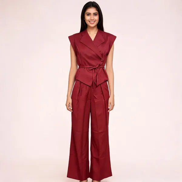 Maroon_Sleeveless_Wide_Leg_Cord_Set_For_Women