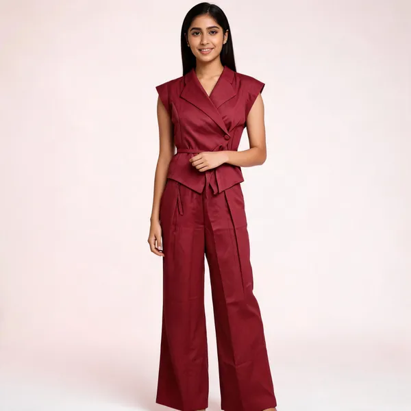Maroon_Sleeveless_Wide_Leg_Cord_Set_For_Women