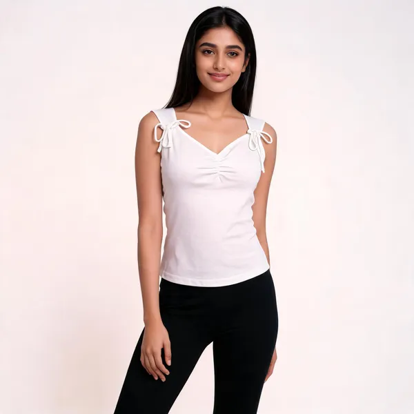 White_Ruched_Tie_Up_Sleeveless_Top_For_Women