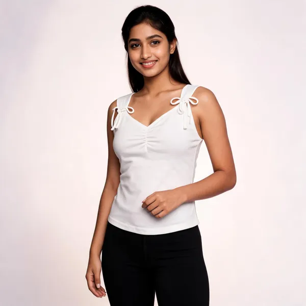 White_Ruched_Tie_Up_Sleeveless_Top_For_Women