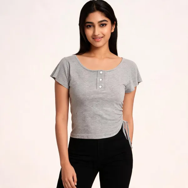Grey_Knit_Short_Sleeve_Top_For_Women