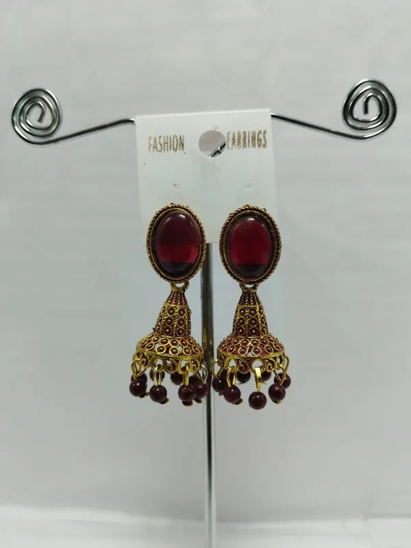 Gold_And_Maroon_Brass_Jhumka_Earrings_For_Women