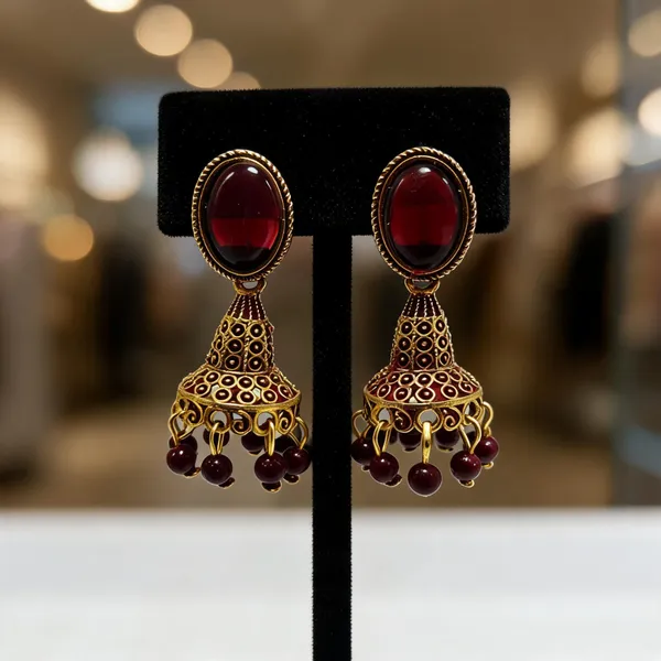 Gold_And_Maroon_Brass_Jhumka_Earrings_For_Women