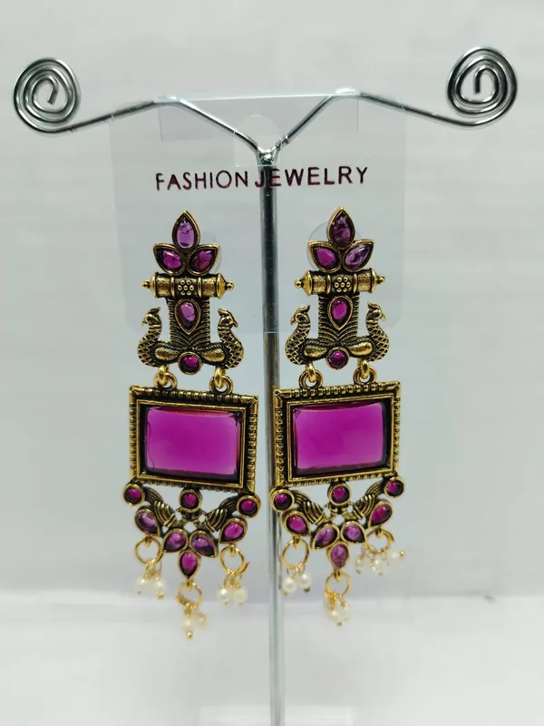 Purple_And_Gold_Brass_Peacock_Dangle_Earrings_For_Women