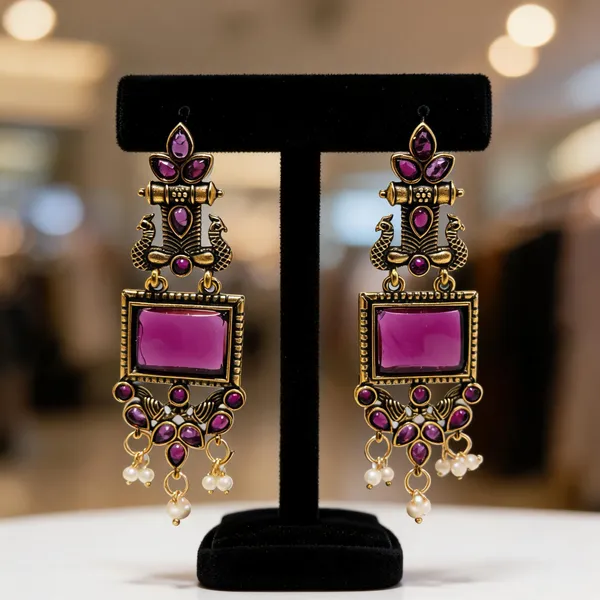 Purple_And_Gold_Brass_Peacock_Dangle_Earrings_For_Women
