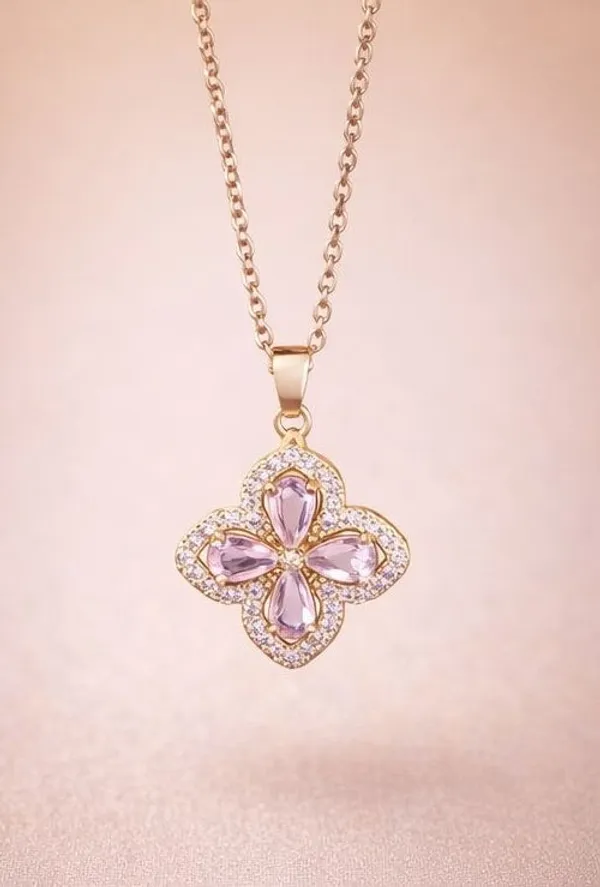 Floral_Pendant_Necklace_For_Women_Gold_Plated_Pink_Crystal_Flower_Chain