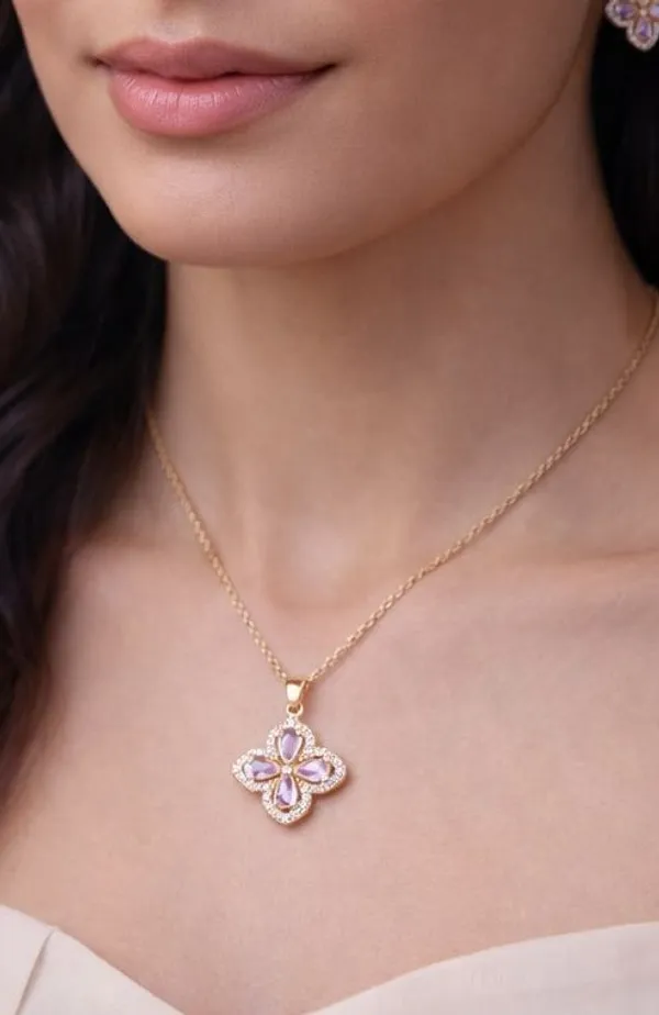 Floral_Pendant_Necklace_For_Women_Gold_Plated_Pink_Crystal_Flower_Chain