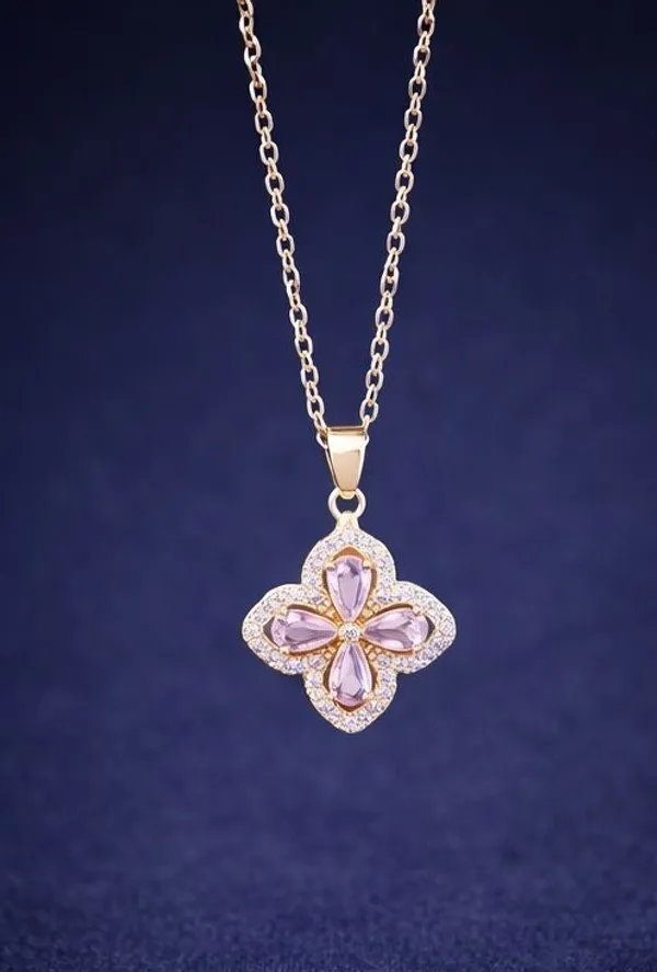 Floral_Pendant_Necklace_For_Women_Gold_Plated_Pink_Crystal_Flower_Chain
