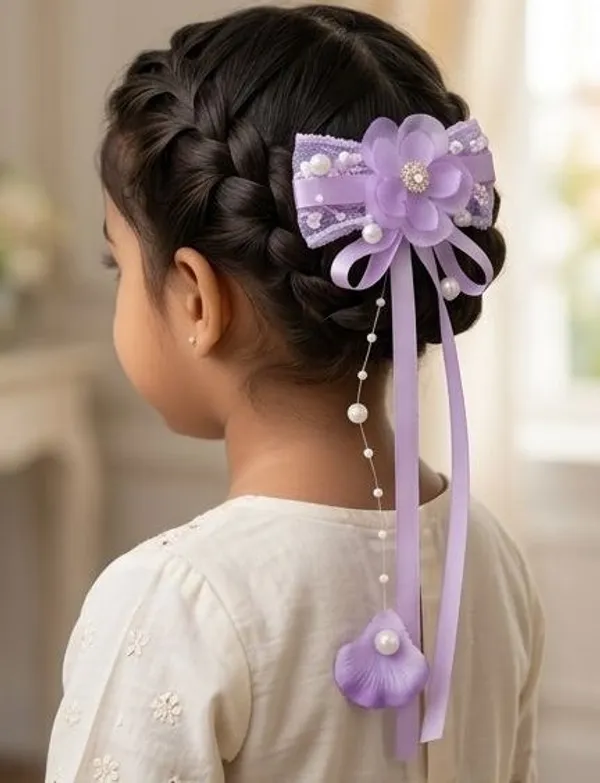Floral_Hair_Clip_For_Girls_Lavender_Orchid_Ribbon_Pearl_Clip