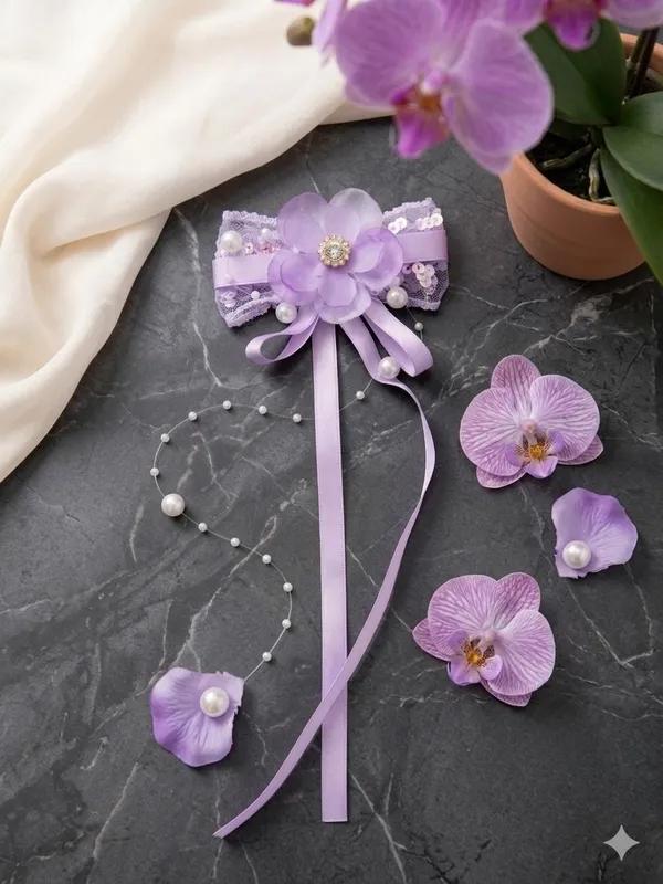 Floral_Hair_Clip_For_Girls_Lavender_Orchid_Ribbon_Pearl_Clip
