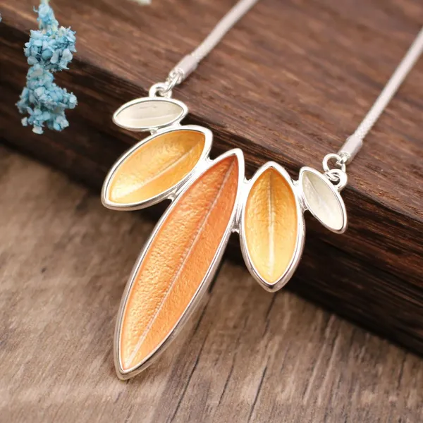 Beach_Necklace_For_Women_Orange_Enamel_Leaf_Silver_Pendant_Chain