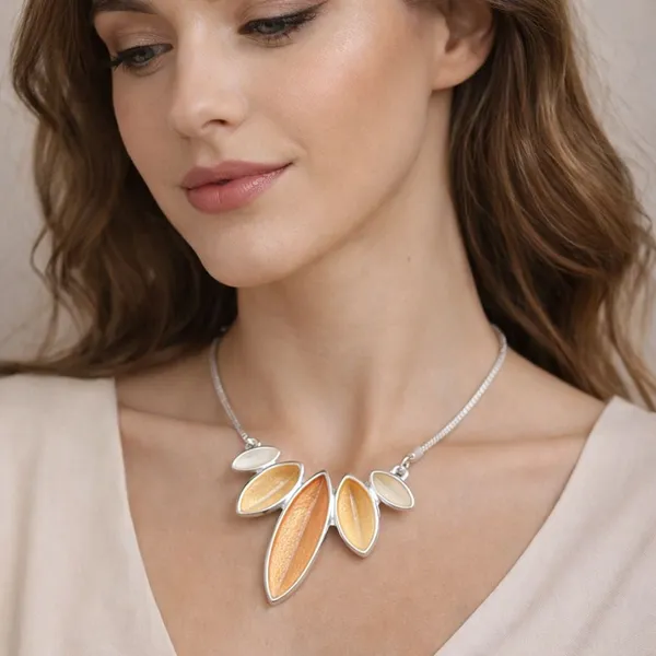 Beach_Necklace_For_Women_Orange_Enamel_Leaf_Silver_Pendant_Chain