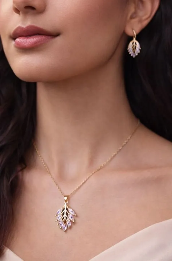 Pink_Crystal_Pendant_Necklace_Set_For_Women_Gold_Tone_Tree_Design