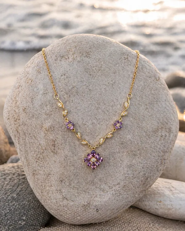 Purple_Floral_Pendant_Necklace_For_Women_Gold_Plated_Flower_Chain